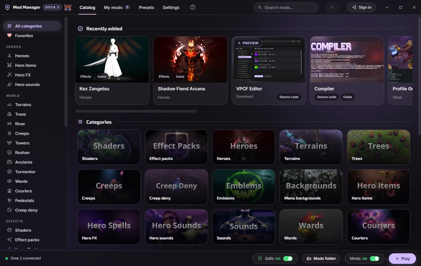 The mod catalog inside the app