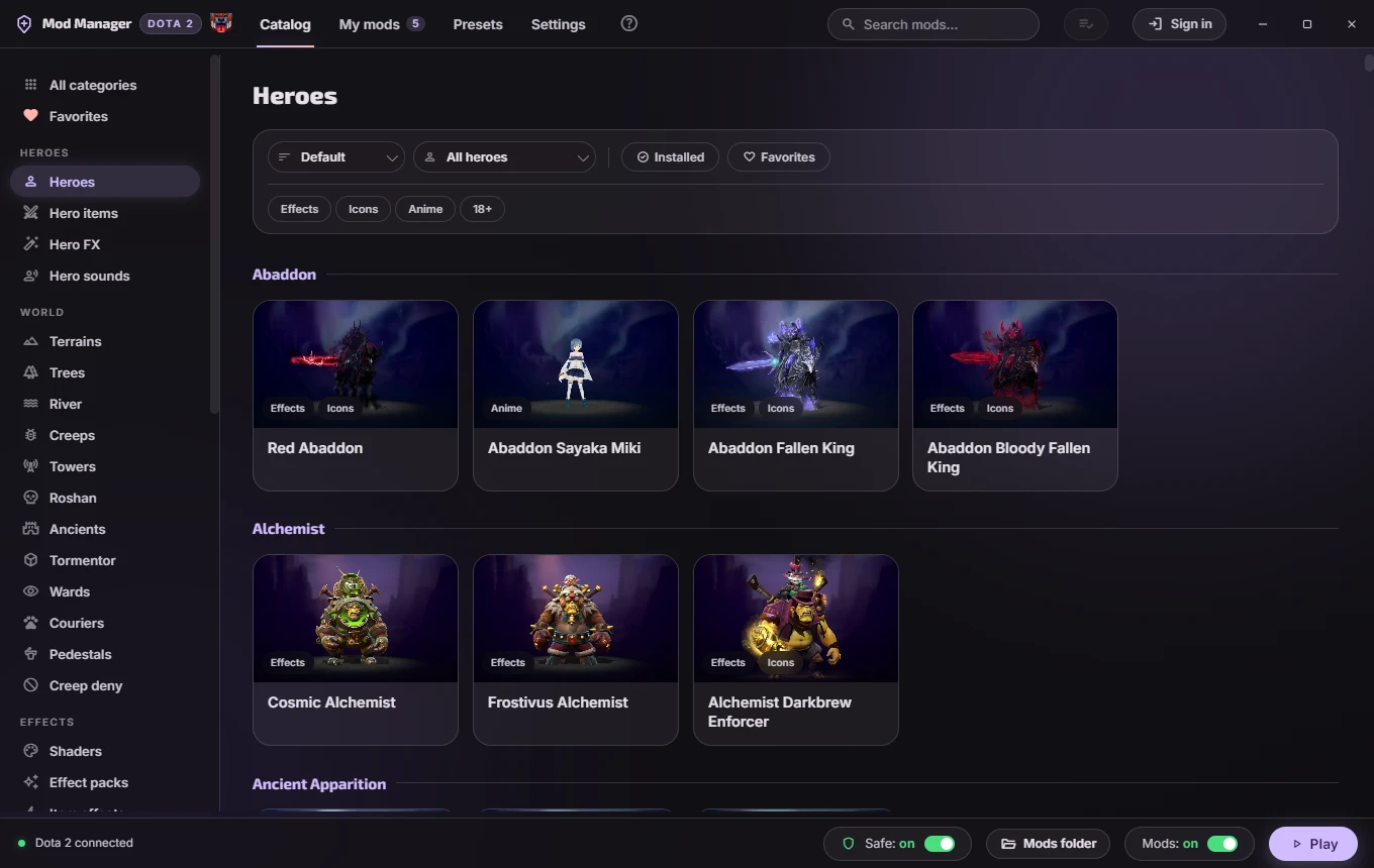 Mods grouped by hero