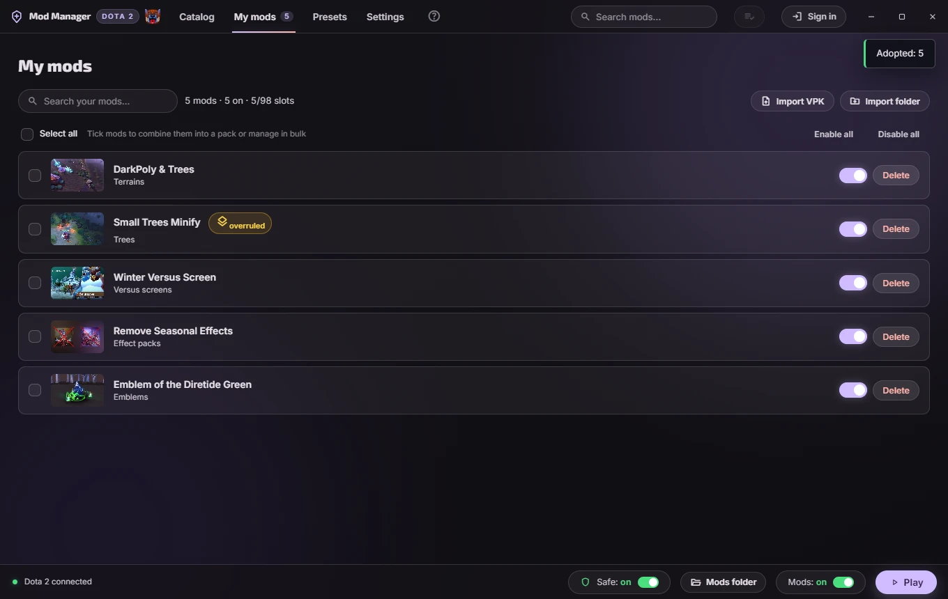 The list of installed mods
